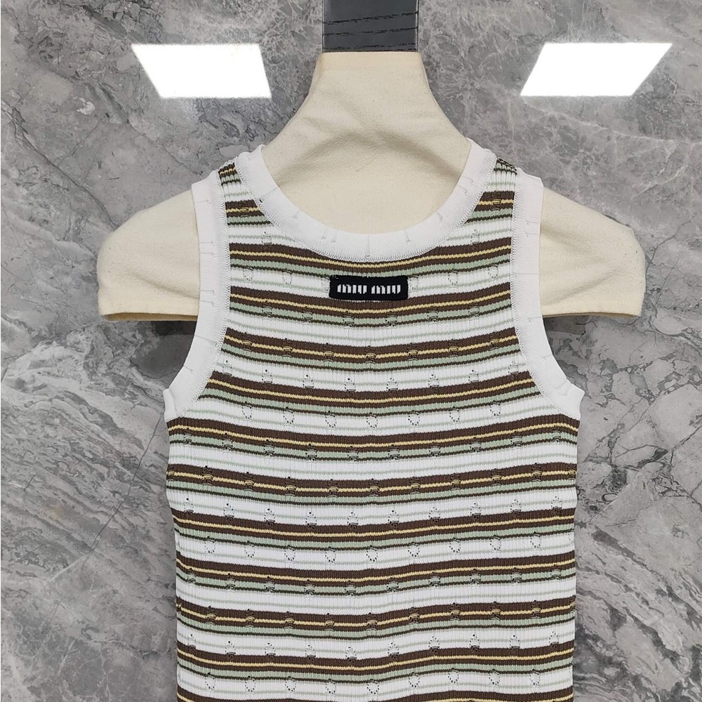 Miu Miu White, Green, Brown Striped Knit Tank Top